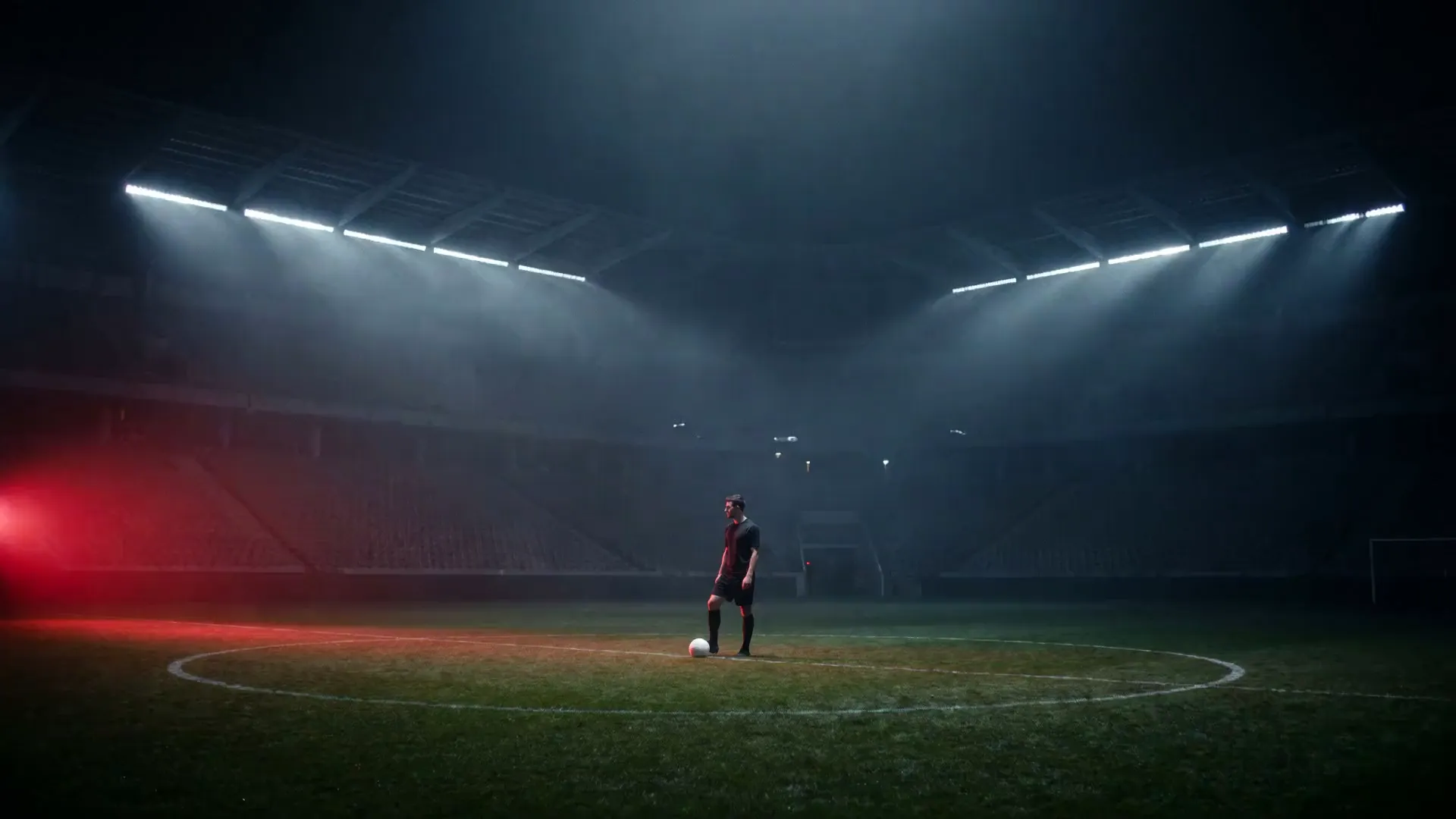 A lone player at the centre circle of an empty, floodlit stadium at night